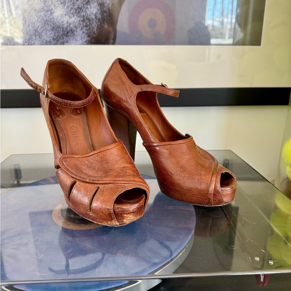 Chloe Brown Leather Peep-Toe Heels